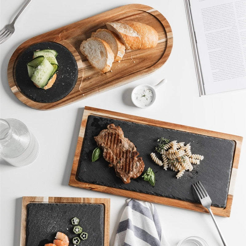 Classic Solid Wood Snack Disc Wood Tray Black Slate Bread Plate | Square | Plates | | The Brand Decò