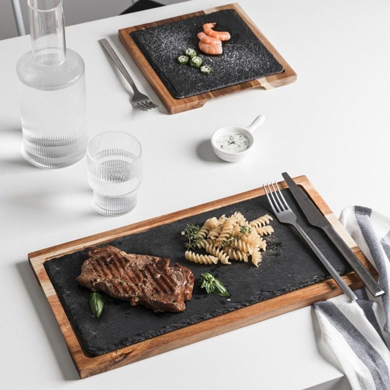Classic Solid Wood Snack Disc Wood Tray Black Slate Bread Plate | Rectangle | Plates | | The Brand Decò
