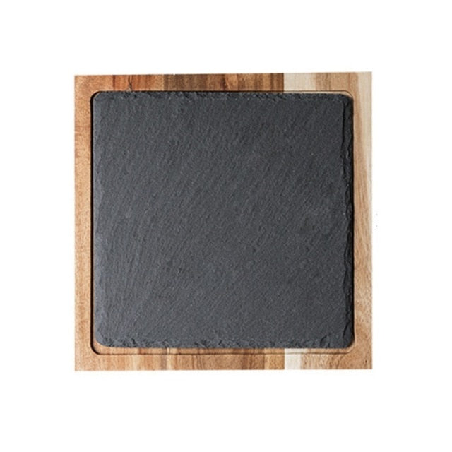 Classic Solid Wood Snack Disc Wood Tray Black Slate Bread Plate | Square | Plates | | The Brand Decò