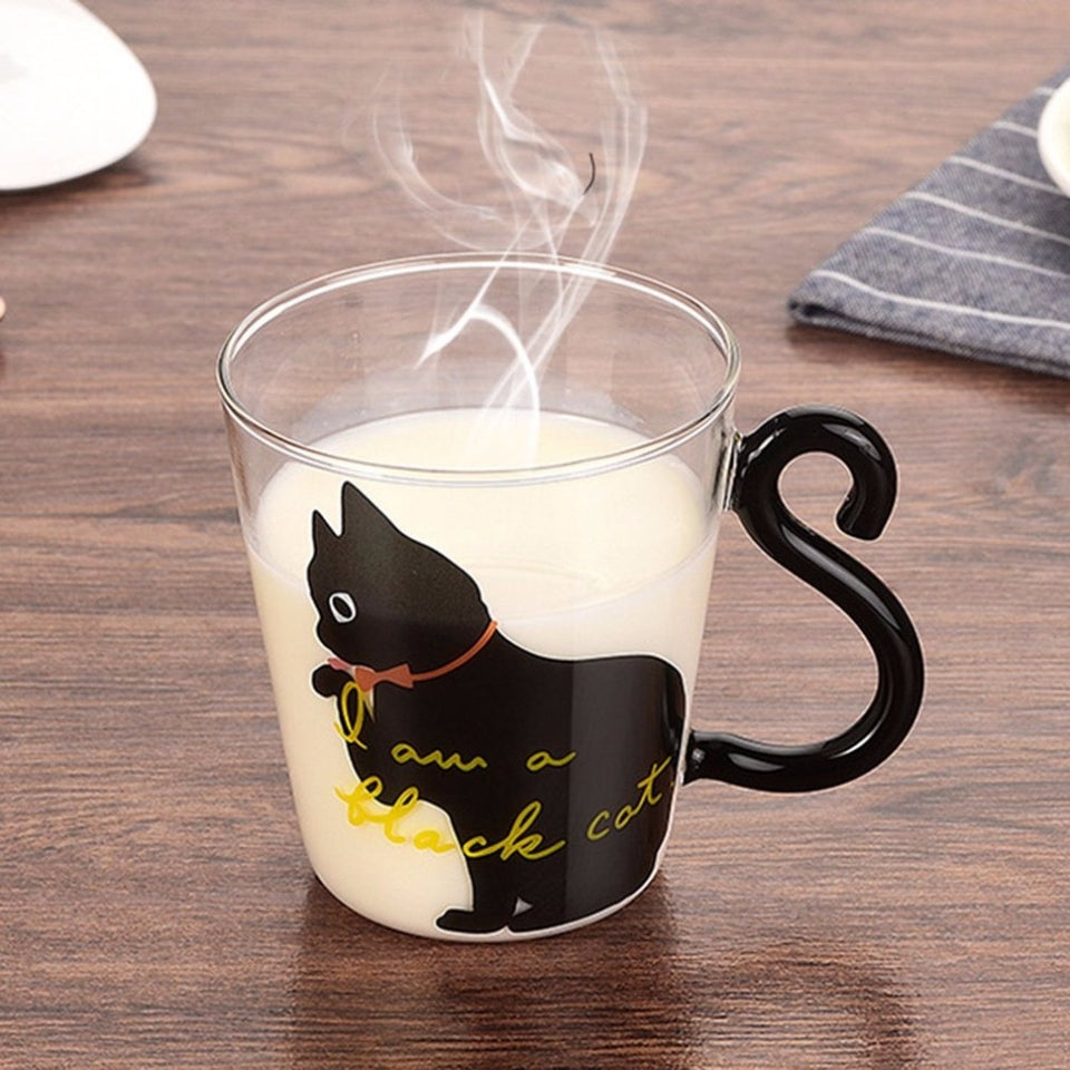 Cute Kitty Glass Water Cup Cat Tail Handle | Cups | | The Brand Decò