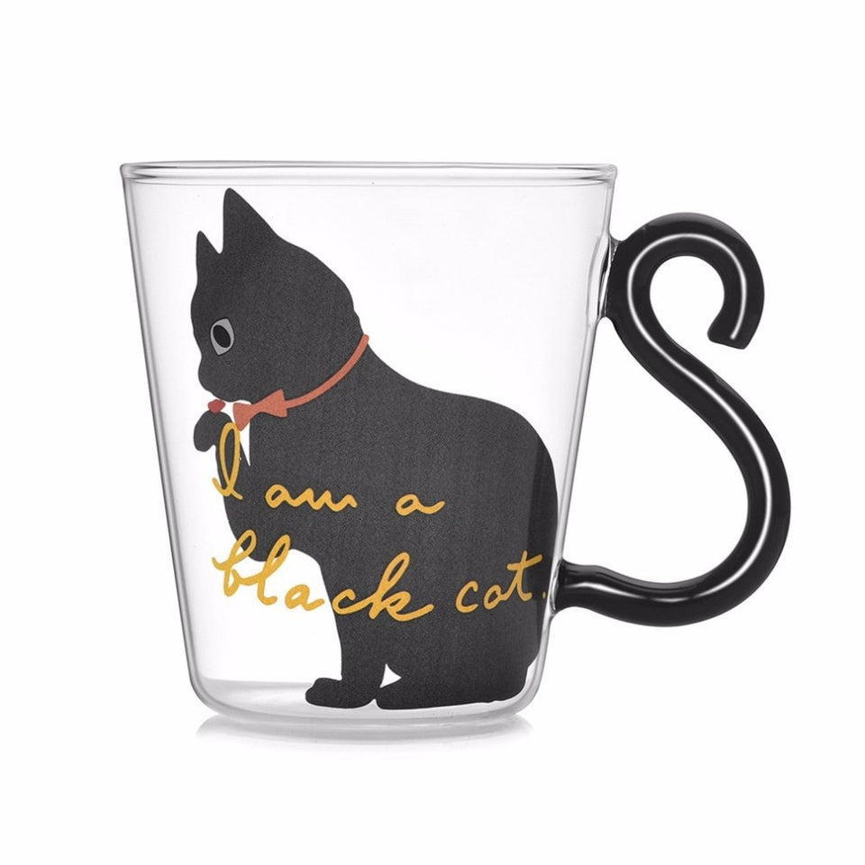 Cute Kitty Glass Water Cup Cat Tail Handle | Cups | Black Cat | The Brand Decò
