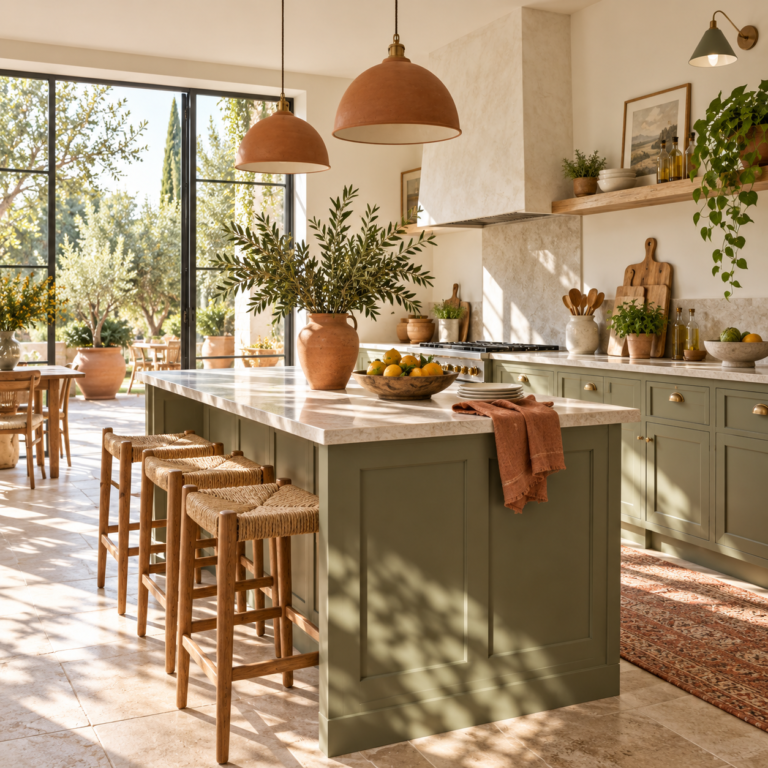 Cocina luminosa con muebles verde oliva, madera y luz natural